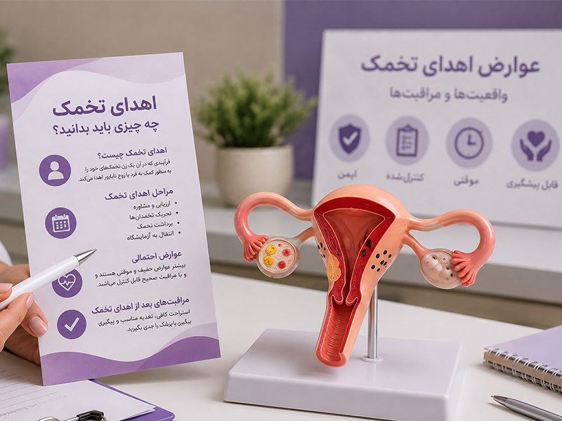 مدل آناتومی دستگاه تناسلی زنان و بروشور آموزشی اهدای تخمک در کلینیک تخصصی درمان ناباروری